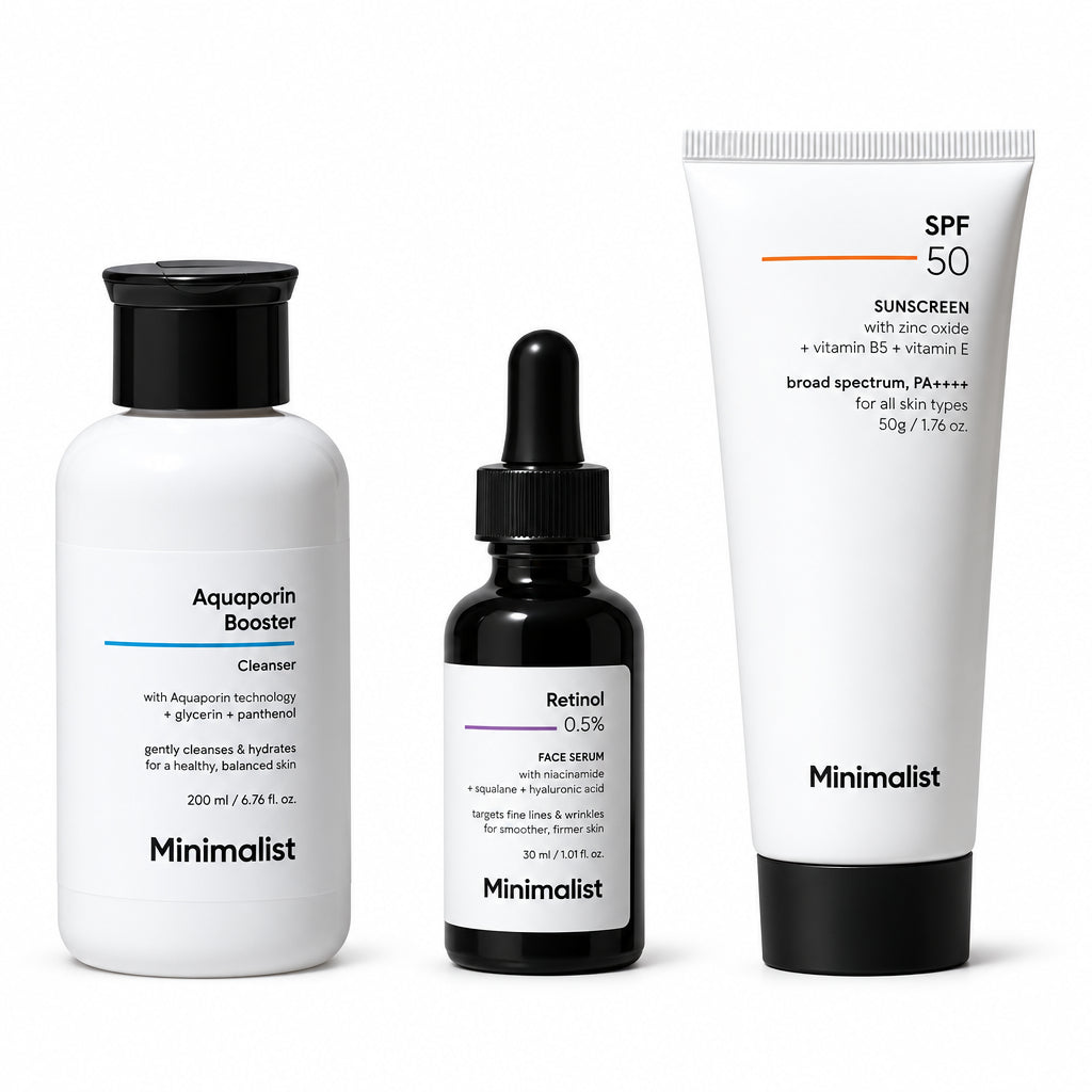 Minimalist Anti-Aging Skincare Kit, Routine Kit For Unisex, Face Wash, Serum & Sunscreen Combo, 180g