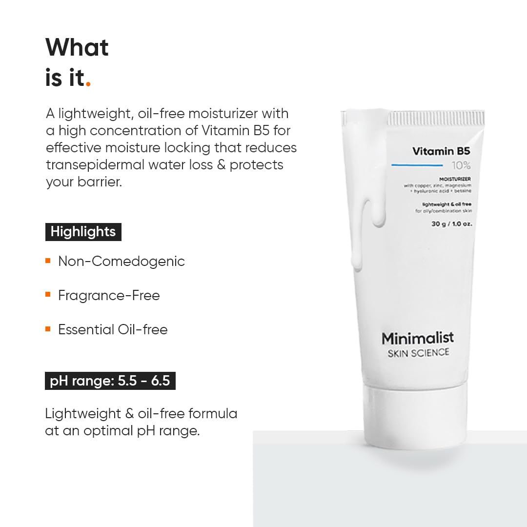 Minimalist Vitamin B5 10% Oil-Free Moisturizer for Face, Lightweight Gel Moisturizer for Oily & Combination Skin, Barrier Repair Face Cream with Glycerine 30gm