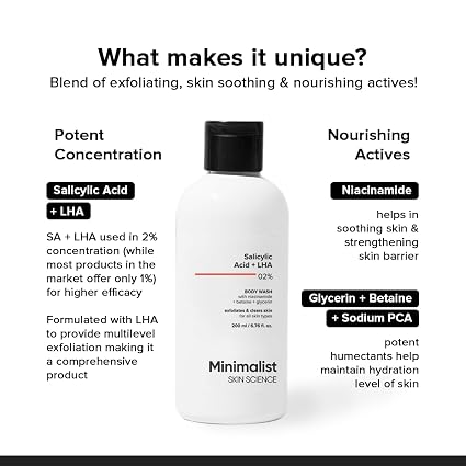 Minimalist 2% Salicylic Acid + LHA Body Wash | Gentle Exfoliating Bodywash for Body Acne, Un-even, Rough & Bumpy Skin | Sulphate (SLS), Dye, & Fragrance Free | Shower Gel for Women & Men | 200 ml