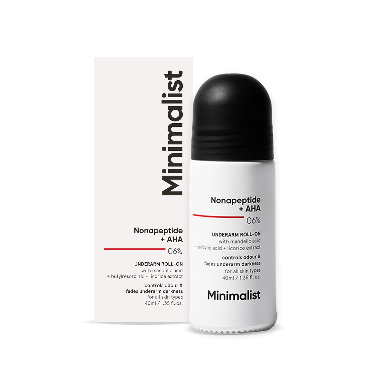 Minimalist Underarm Roll On Deodorant with Nonapeptide + AHA BHA 06% | Controls Odour & Fades Darkness | Fragrance & Aluminium Free | Exfoliating Deo For Women & Men | 40ml