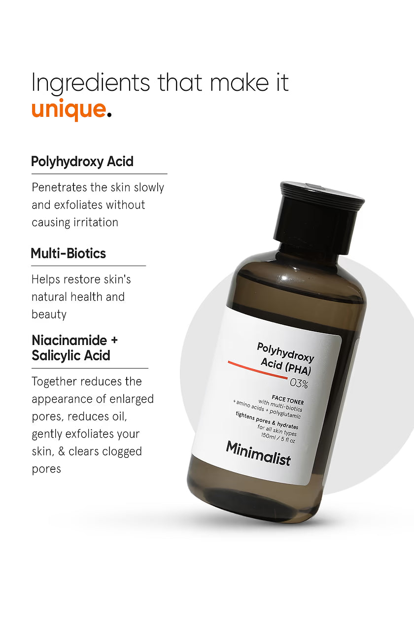 Minimalist Anti Acne PHA 3% Face Toner for Oily Skin | Pore Tightening & Mild Exfoliation For All Skin | Alcohol Free Hydrating Face Toner For Glowing Skin | 150 ml